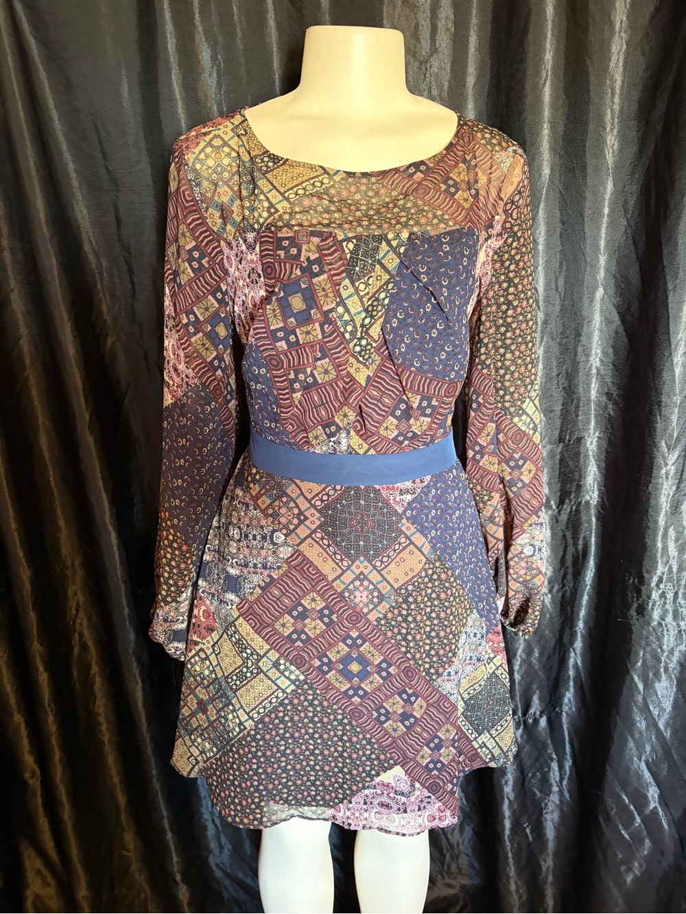 BCBGeneration Patchwork Print Long-Sleeve Dress in Navy and Burgundy